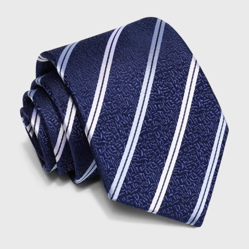 High Quality 100% Silk Deep Blue Striped Pattern Tie For Men's Fashion Business Banquet Shirt Accessories 8CM Wide Silk Cravat