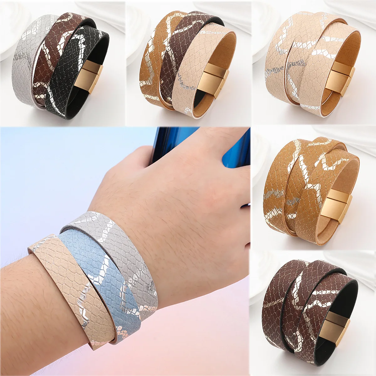 

New Arrival Women's Wide PU Leather Bracelet Color Block Design Boho Style Magnetic Clasp Bangle Fashion Jewelry