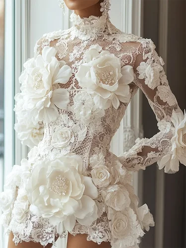 Imagen 2 del producto Vestidos de cóctel de lujo con cuello alto y flores, minivestido de manga larga, exquisitos vestidos de fiesta de graduación de alta calidad para mujer personalizados