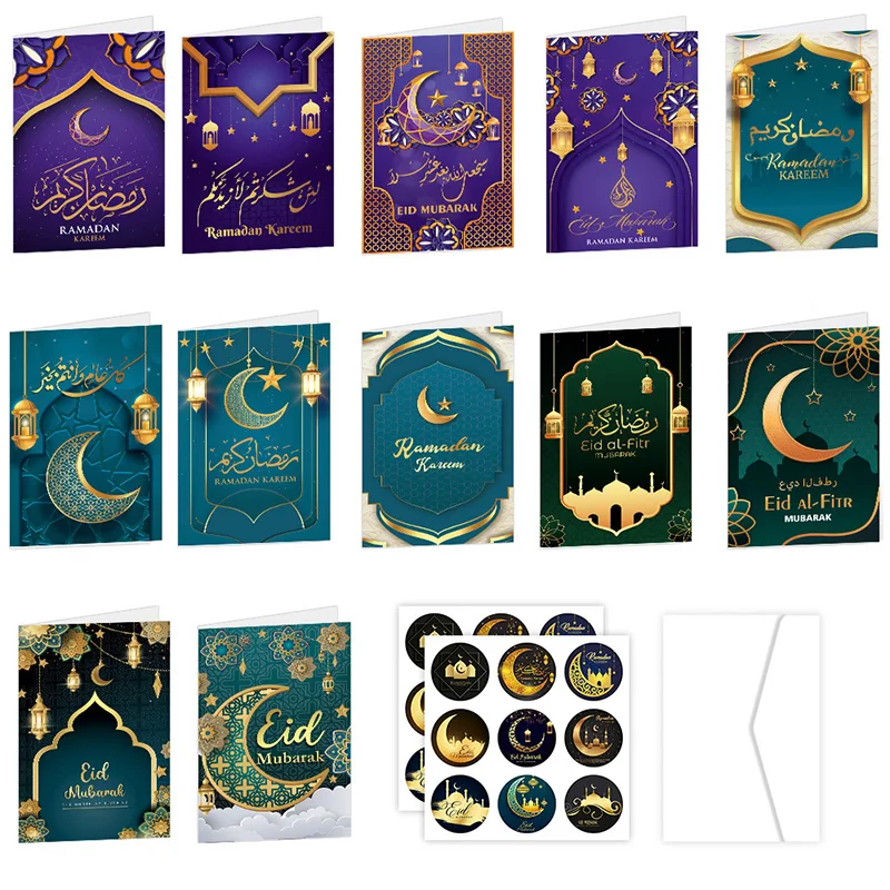 26 Stück/1 Satz Eid Mubarak-Falte Grußkarten mit Umschlägen Ramadan Kareem Postkarte DIY Geschenkkarten Eid-al-fitr Islamische Dekorationen