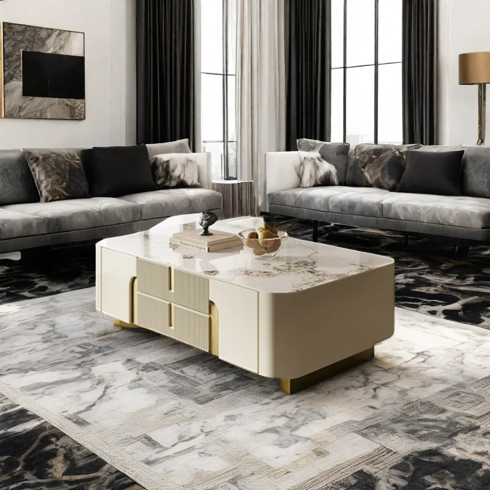 Centre de divertissement moderne en pierre frittée blanche, meuble de rangement latéral pour salon, meuble TV avec Base en métal doré