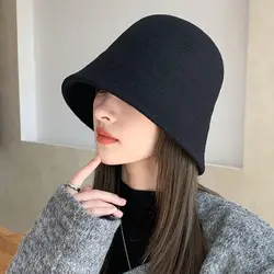 Women Woolen Hat Thick Solid Color Soft Winter Warm Bucket Hat Street Headwear Fisherman Hat No Brim Deep Foldable Lady Sun Hat