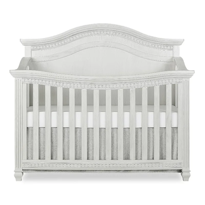 5-In-1 Curved Top Convertible Crib In Antique Grey Mist, Features 3 Mattress Height Settings, Wooden Nursery