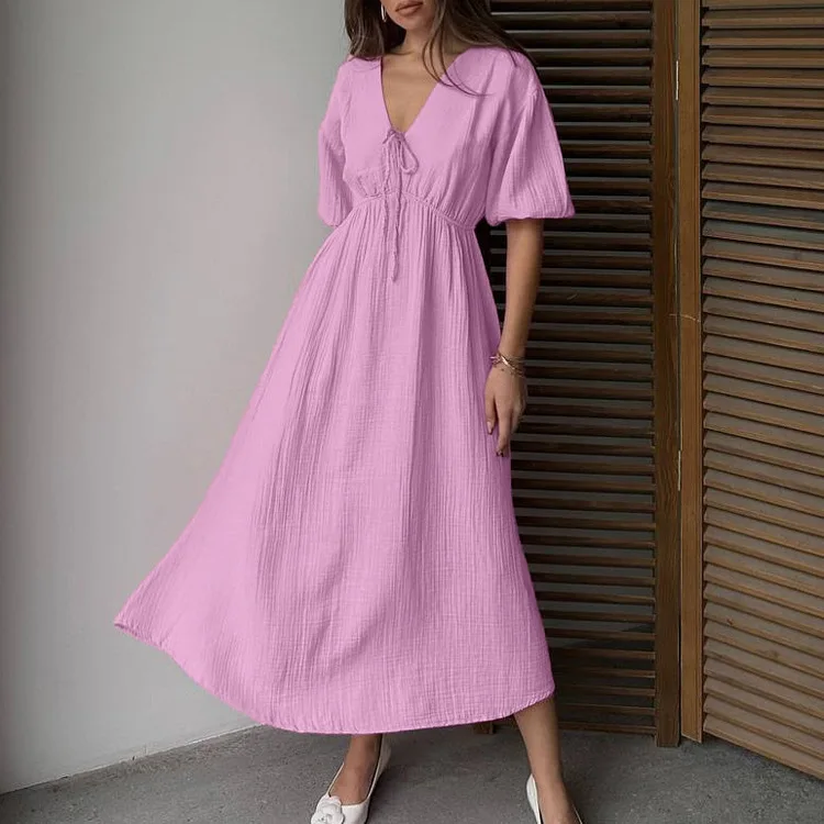 Damen-Baumwollkleid mit doppellagigem Crêpe-Stoff, elegantes hochtailliertes Kleid, neues V-Ausschnitt-Kleid mit Puffärmeln und Schnürung, A-Linien-Rock, langes Kleid