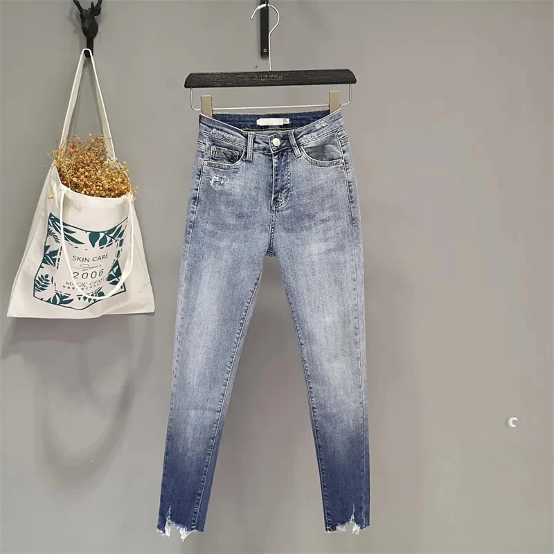 2023 Collision Color Denim Pants High Waist Elastic Slim Nine Points Pencil Pants Korean Fashion Fall New Women's Jeans Vintage