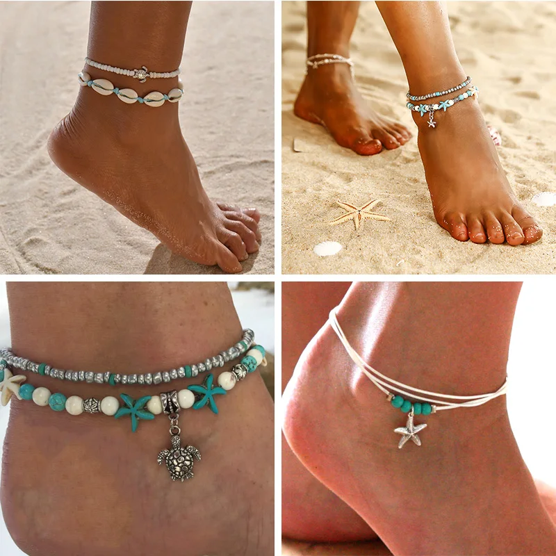 Anklet Creative Vintage Beach Pendant Anklet Bohemian Turtle Shell Bead Push Pull Anklet Turquoise Starfish tobilleras mujer