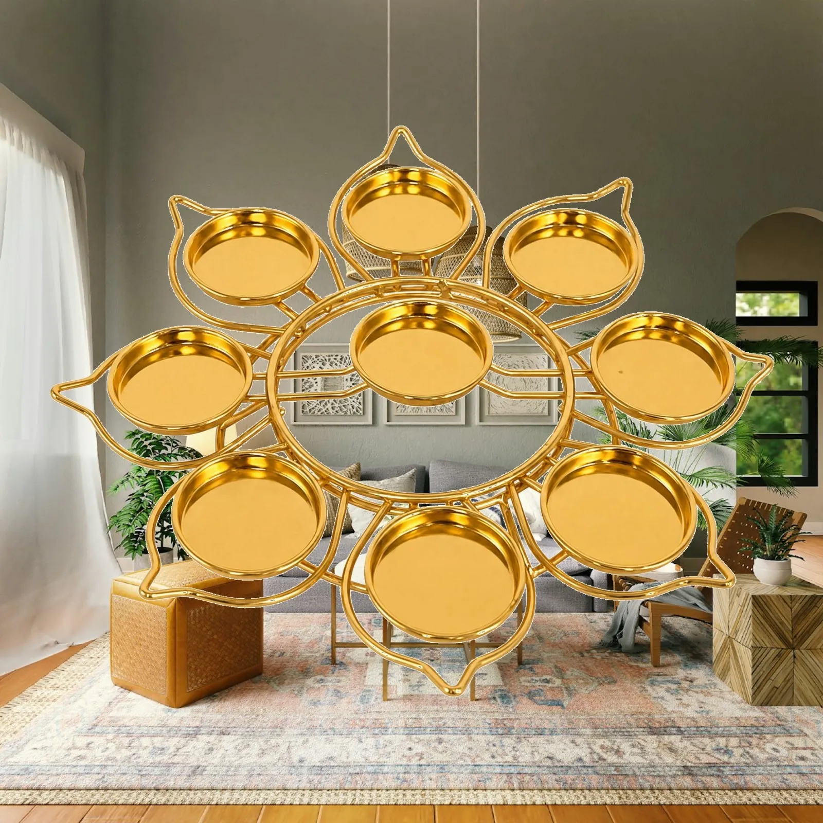 Tealight Candle Holder Lotus Nine Star Alloy Gold Finish for Oil Lamps Meditation Space Home Ceremony Decor