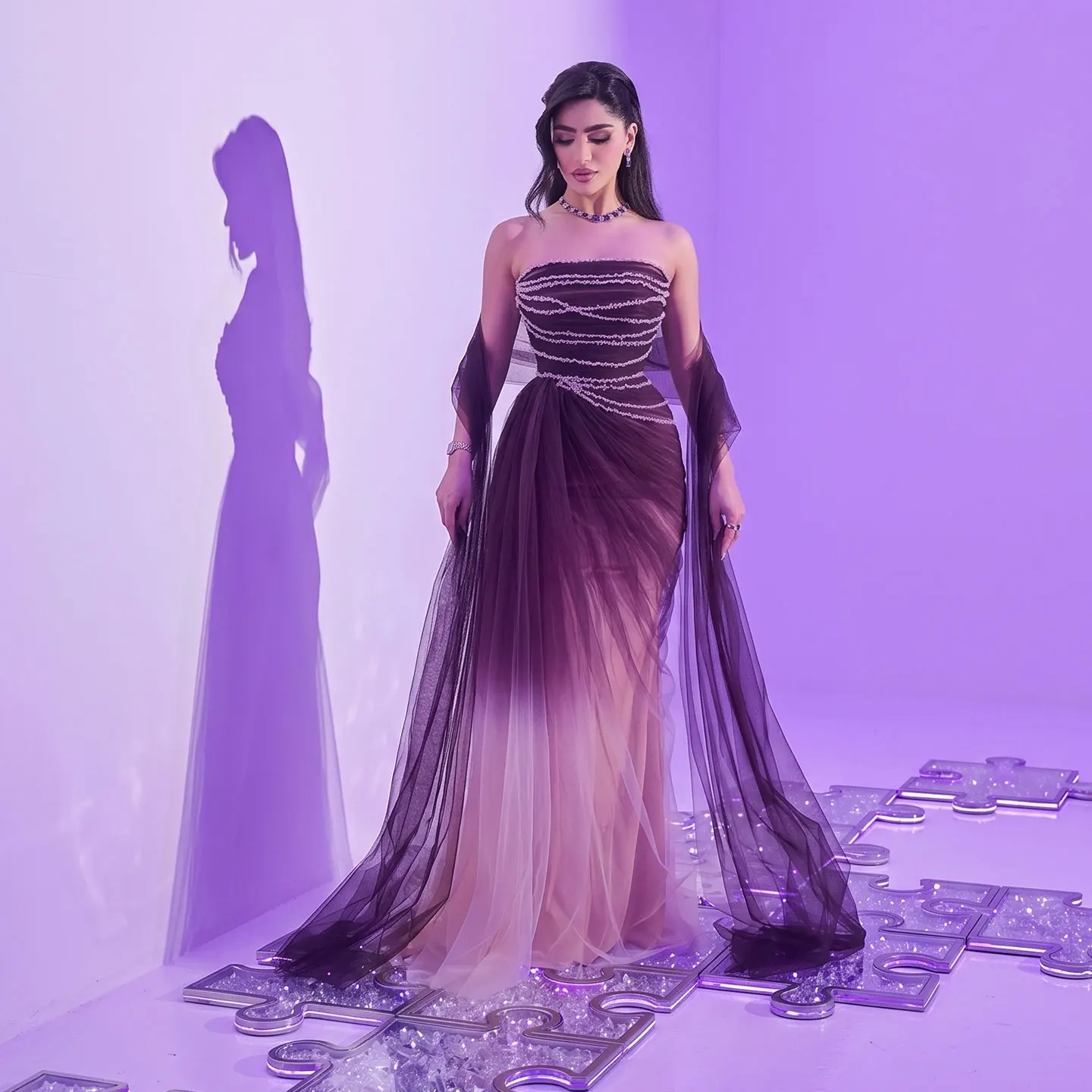 Elegantes trägerloses Abendkleid mit Farbverlauf aus Tüll und Cape, formelles Kleid für Hochzeitsgäste im saudi-arabischen Stil, maßgeschneidert MN238