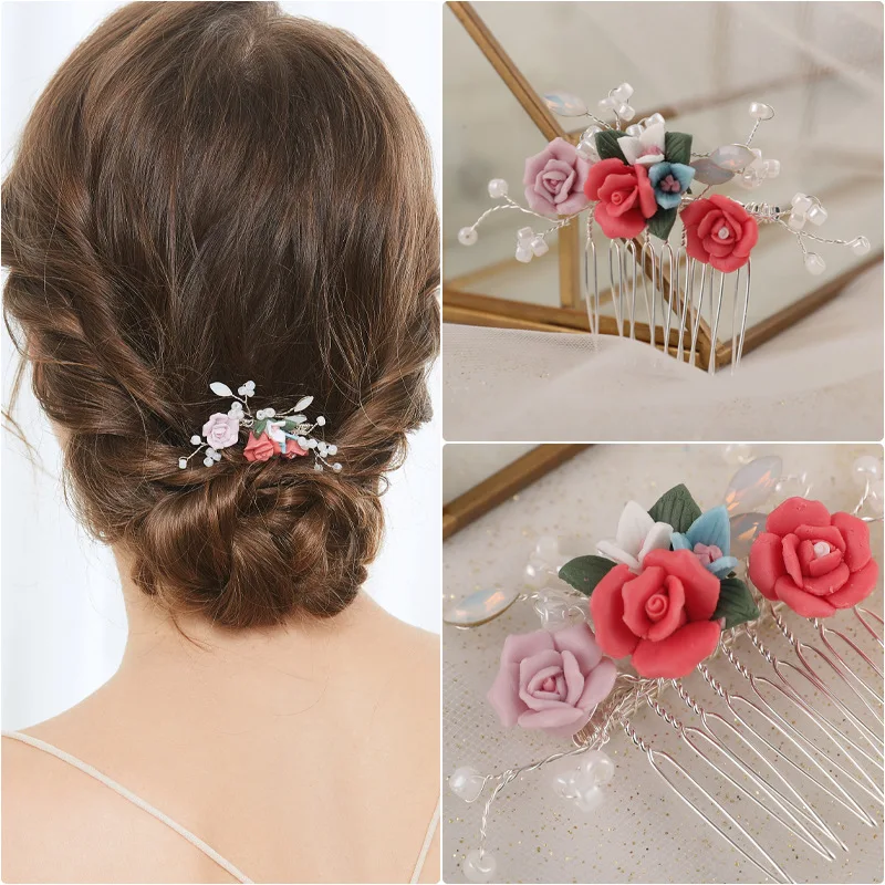 SLBRIDAL Handmade Opal Crystal Rhinestones Pearls Color Ceramic Flower Bridal Hair Comb Hair Pin Set Wedding Women Hair Jewelry