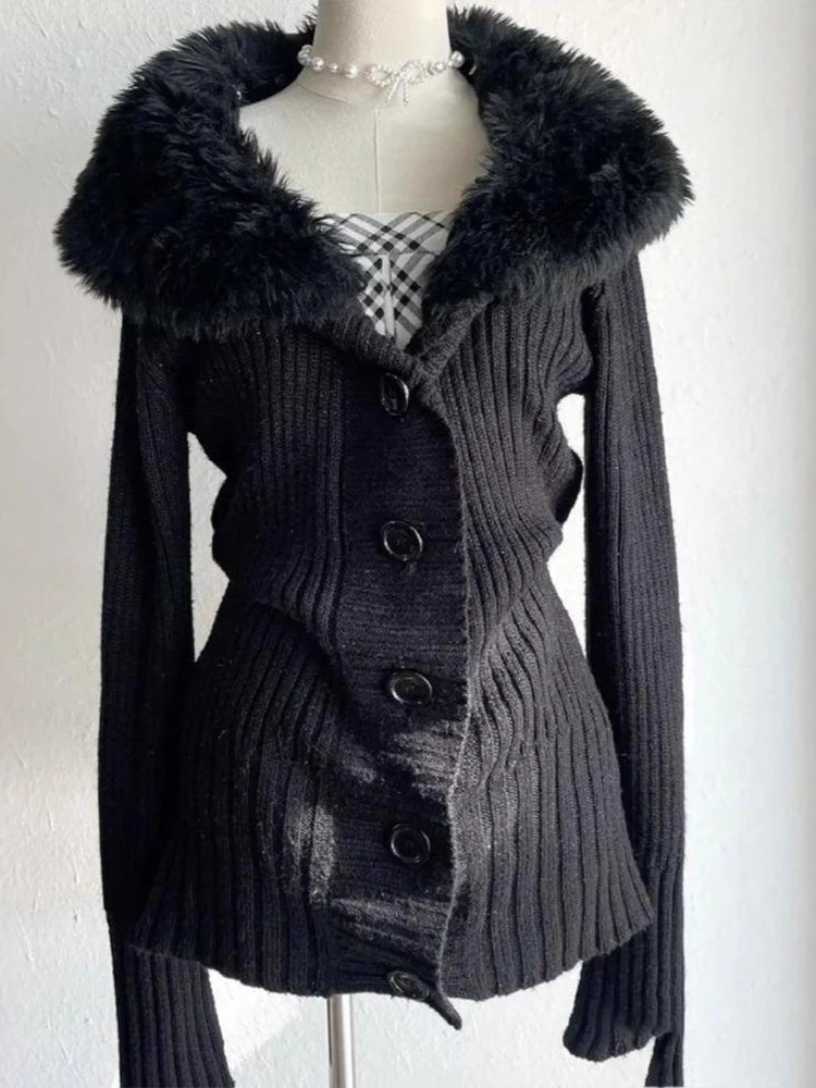 

Новый вязаный кардиган в стиле Y2K 2026 года для женщин, с меховым воротником, приталенный, винтажный свитер, готический, теплый, уличный стиль, весна