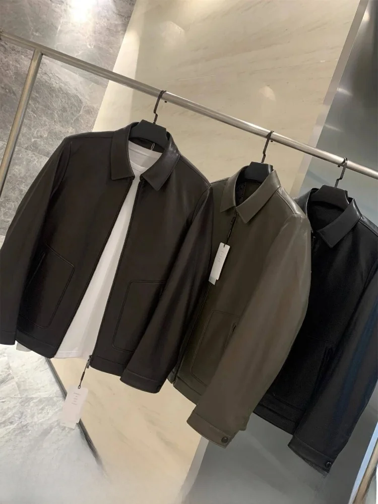 

Мужская кожаная куртка с воротником, осенне-зимняя, деловая серия, приталенный крой, полиэстер