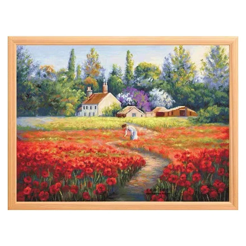 Amishop Gold Collection Counted Cross Stitch Kit Not Forgotten Tulip Field Flowers Forest Village Landscape Luca-S G607