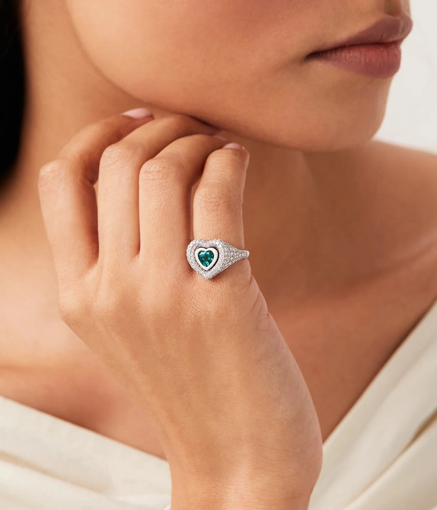 Silver Color Micro Paved Cubic Zirconia CZ White Enamel Bezel Heart Shaped Size 4 Open Pinky Ring For Women