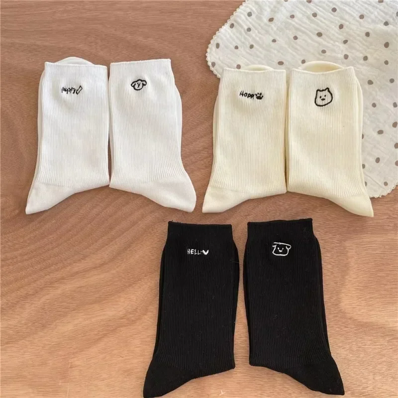 

Solid White Socks Women Cartoon Cat Dog Embroidery Cute Socks JK Japanese Style Sweet Girl Middle Tube Socks Japanese Kawaii New