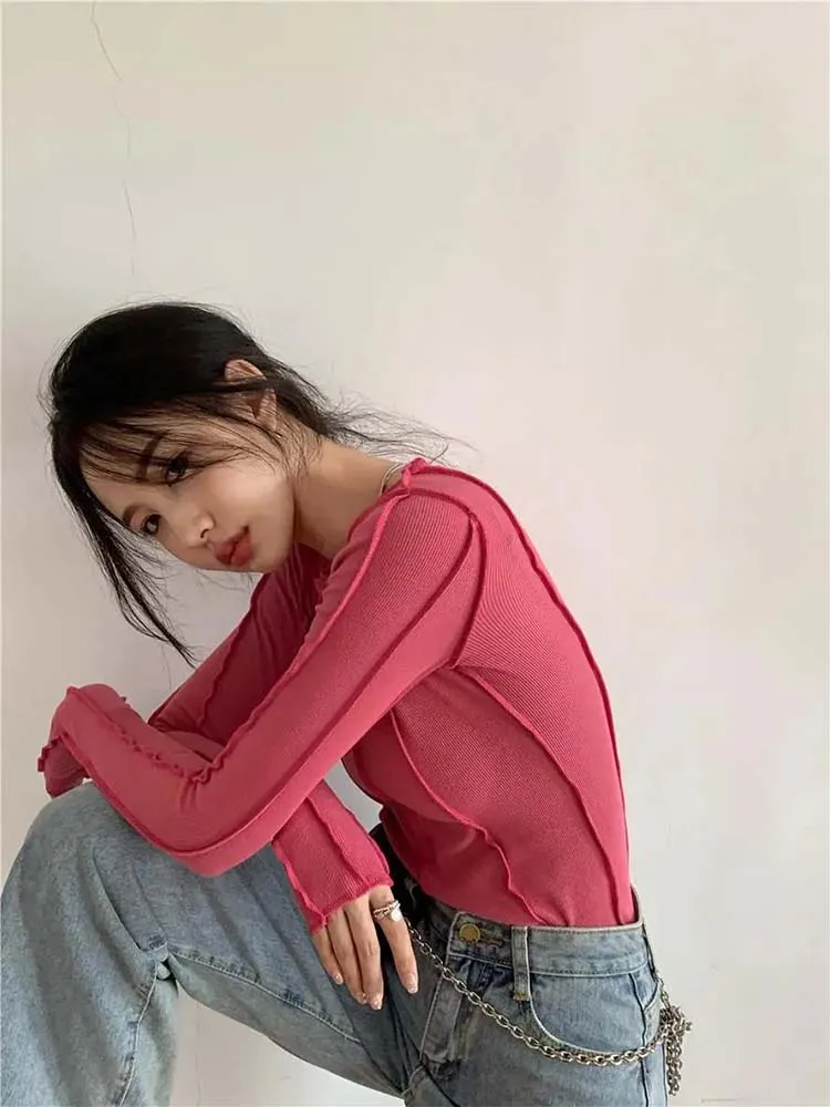 女性用長袖ラウンドネックTシャツ、エレガントな明るいラインの装飾、スリム、カジュアル、ソフト、レディースウェアTシャツ、単色、高品質、春