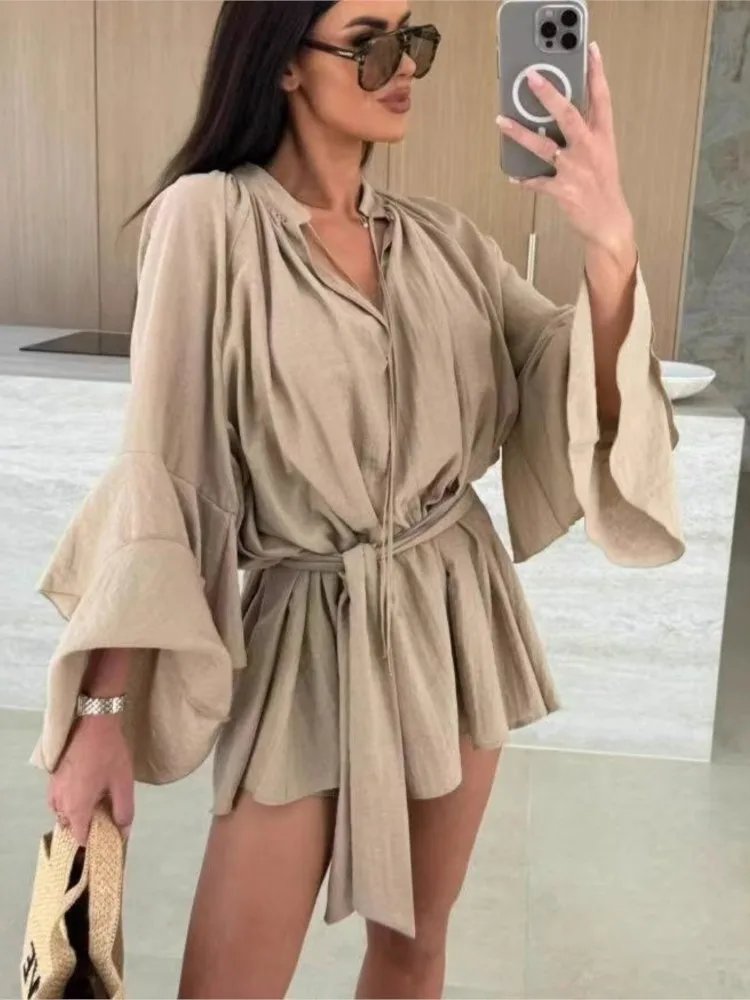 

Women's Elegant Spring And Summer V-neck Tie Lotus Leaf Sleeve Irregular Dress Simple Solid Color Comfortable Casual Dresses