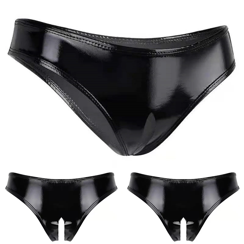 Womens Wet PVC Open Crotch Briefs Sexy Lingerie Crotchless Panties Party Clubwear Costume High Cut Mini G-string Culbwear A50