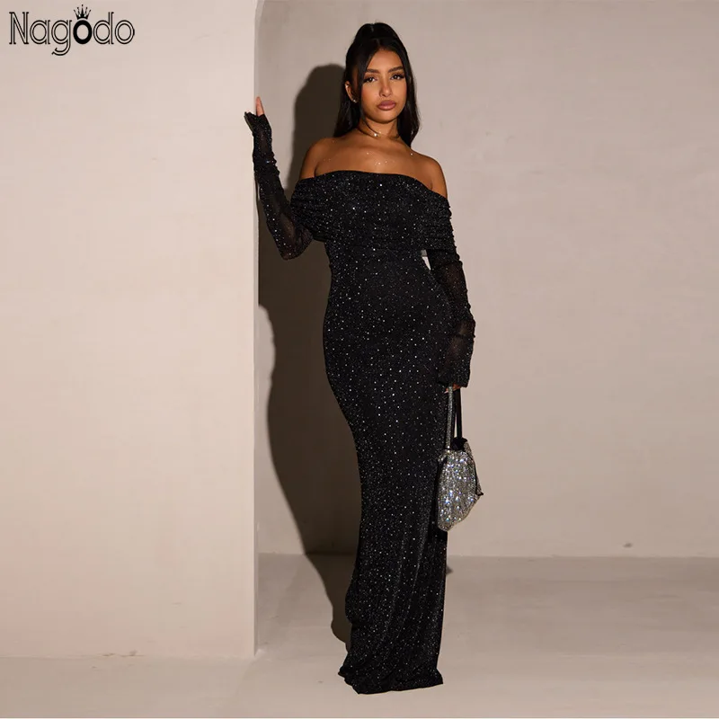 

Nagodo Summer Women's Golden Sexy Sparkly Dress High Waist Off-shoulder Evening Party Strapless Slim Bodycon Black Maxi Dresses