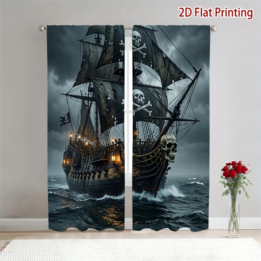 2pcs Pirate Ship Curtains Skull Ocean Storm Window Drapes Halloween Party Decor