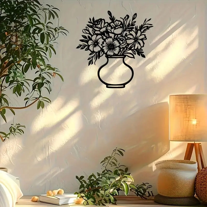 CIFBUY Metal Wall Art Forged Iron Flower Vase Sculpture Home Bedroom Outdoor Weather Resistant Hanging Decor Display