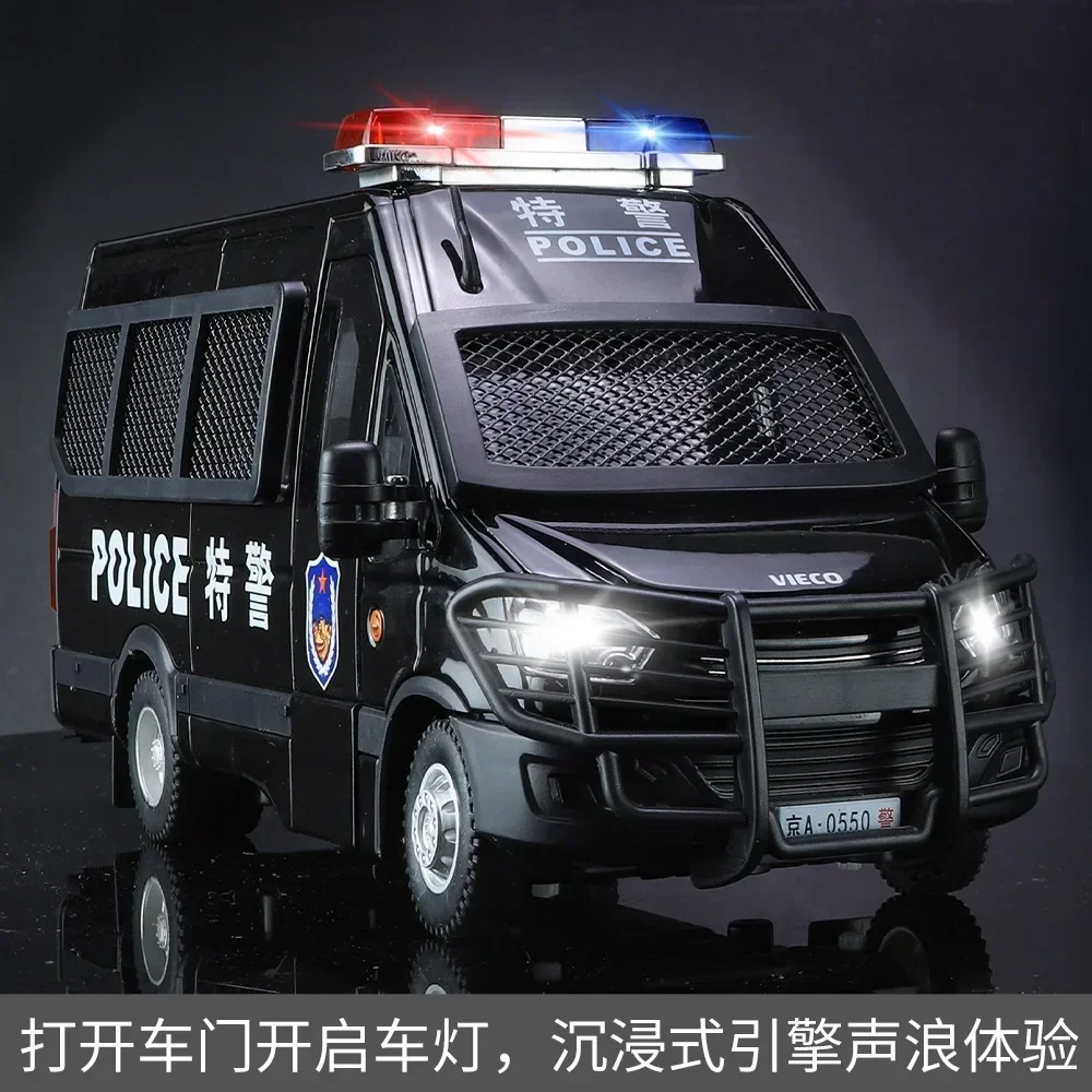 1:24 IVECO 경찰차 높은 시뮬레이션 다이캐스트 금속 합금 모델 자동차 사운드 라이트 풀백 컬렉션, 어린이 장난감 선물