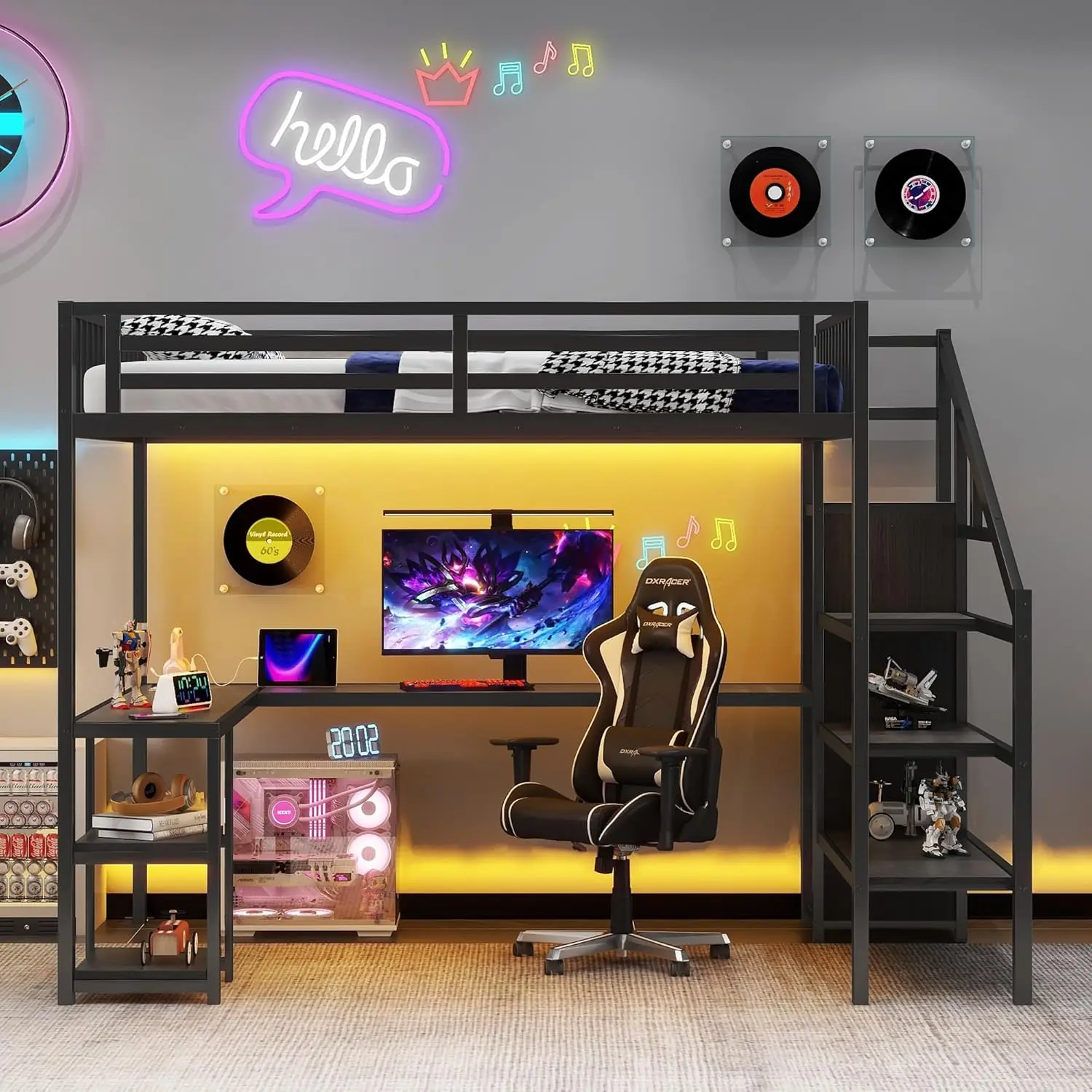 "Espacieux lit mezzanine avec bureau et escalier, lits mezzanines de jeu avec éclairage et rangement LED RVB, cadre de lit mezzanine en métal robuste