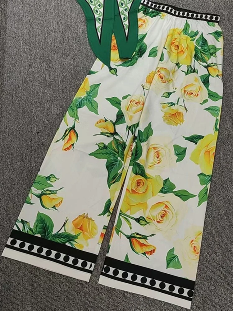 Retro summer new yellow rose print lapel short sleeve short shirt high waist wide leg casual trousers fashion two-piece suit.