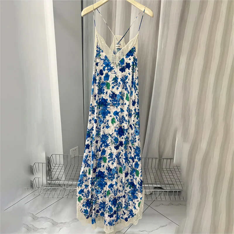 Zadig Camisole Dress Female Summer Blue Floral Print Camisole Slip Dress Women Elegant Lace Chic V Neck Long Dress Ladies Robes