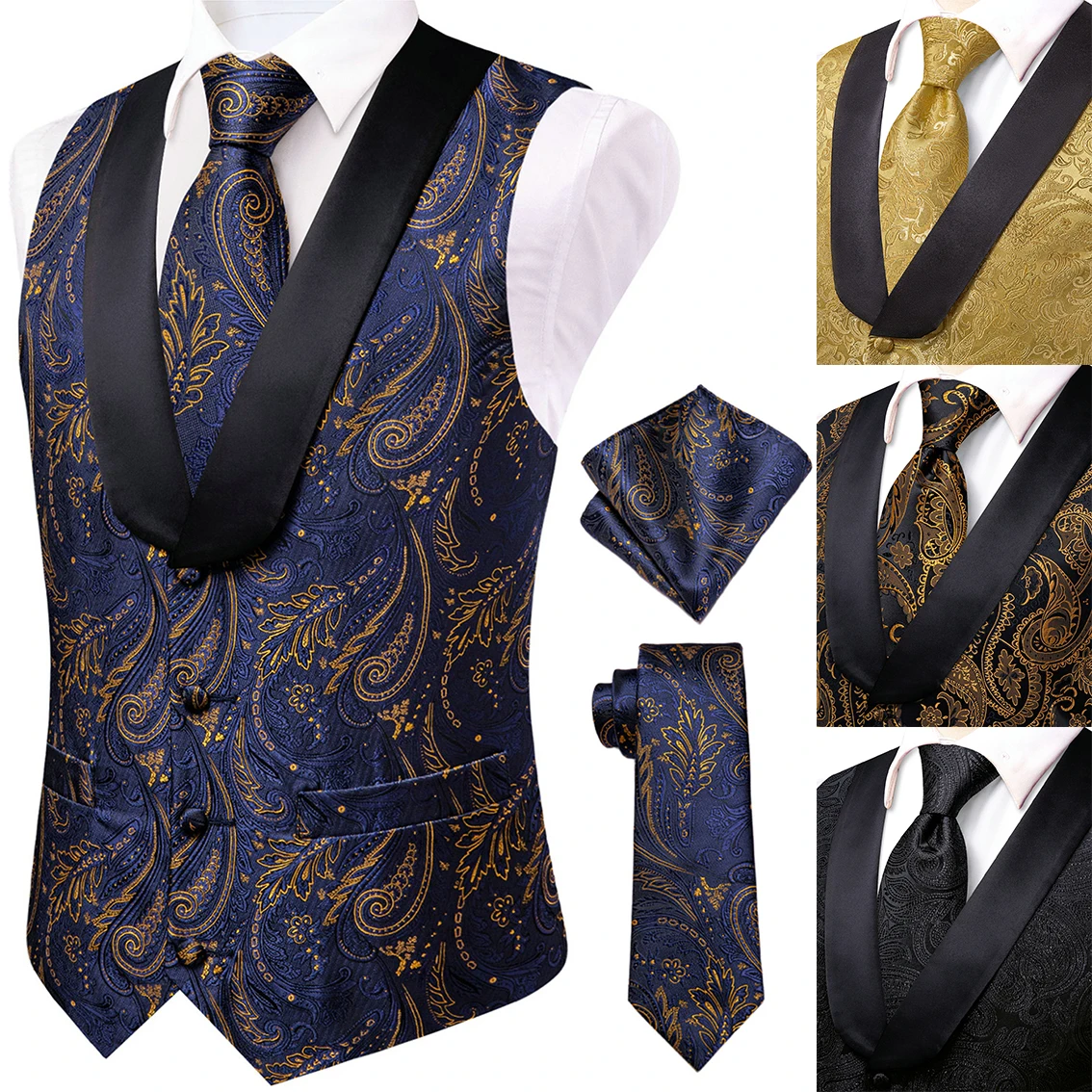 VERVEROW 3PCS NavyBlue Paisley Jacquard Waistcoat Set, Men Black Shawl Lapel Formal Slim Fit Suit Vest with Tie & Pocket Square
