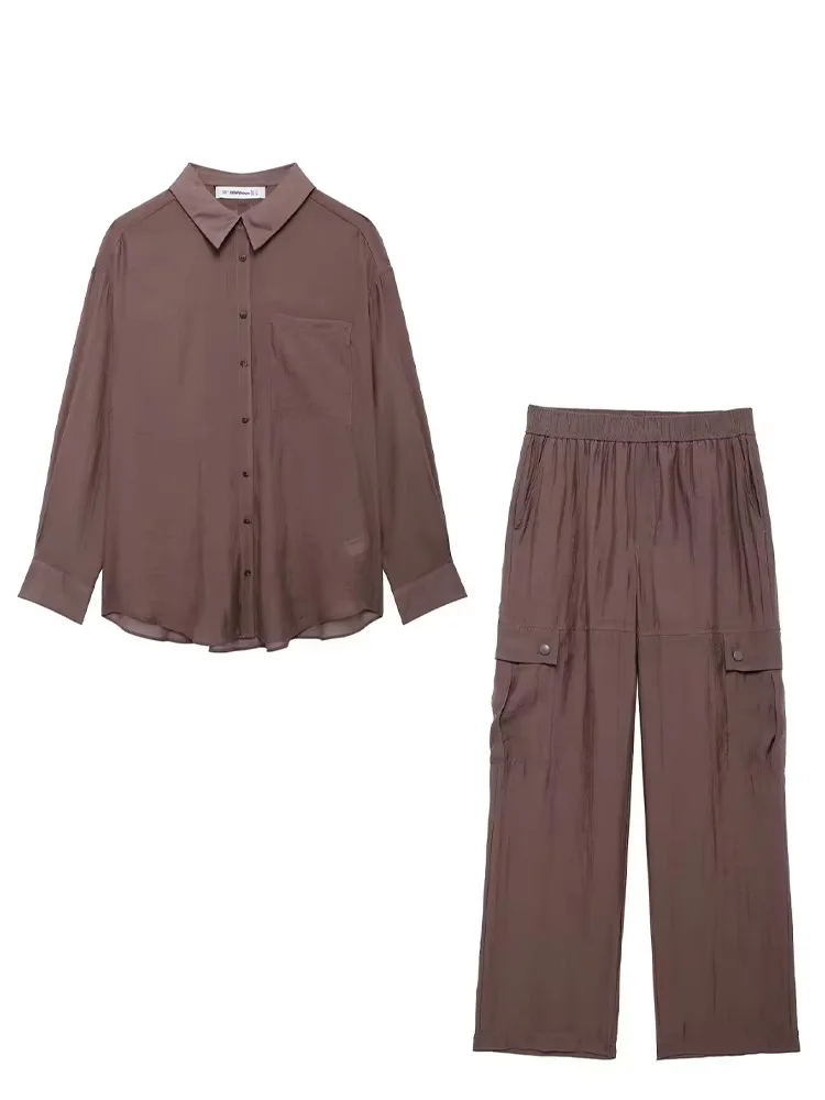 HH Women Fashion Long Sleeve Single-Breasted Lapel Shirt+Translucence Elastic Waist Pocket Work Pants Solid 2-Piece Set