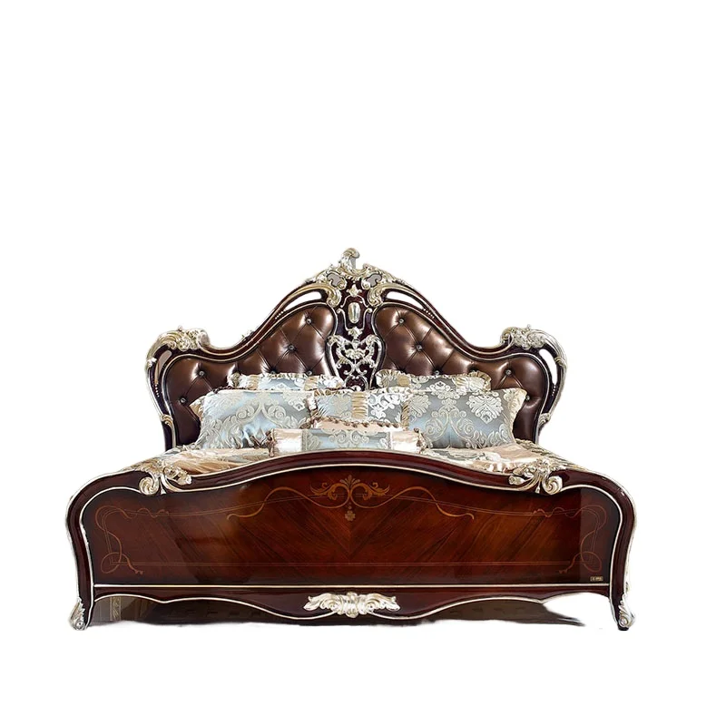 Luxury European-style bedroom furniture, large apartment neoclassical leather buckle 1.8 double bed