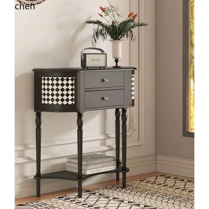 HT  Modern Semi-circular Arc Entrance Table Solid Wood Entrance Foyer Black Cream Style Ornament Table Narrow End View Table
