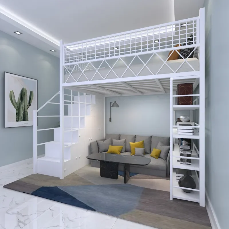 Nordic Wrought Iron Loft Bed with Ladder and Cabinet Multifunctional Elevated Bed Frame for Small Apartment Bedroom Home