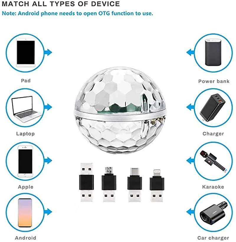 البوب USB تيار مستمر 5 فولت مزدوج الرأس ديسكو الكرة ضوء المرحلة التحكم بالموسيقى أندرويد أبل الهاتف الملونة Dj ضوء عيد الميلاد حزب ضوء الاطفال