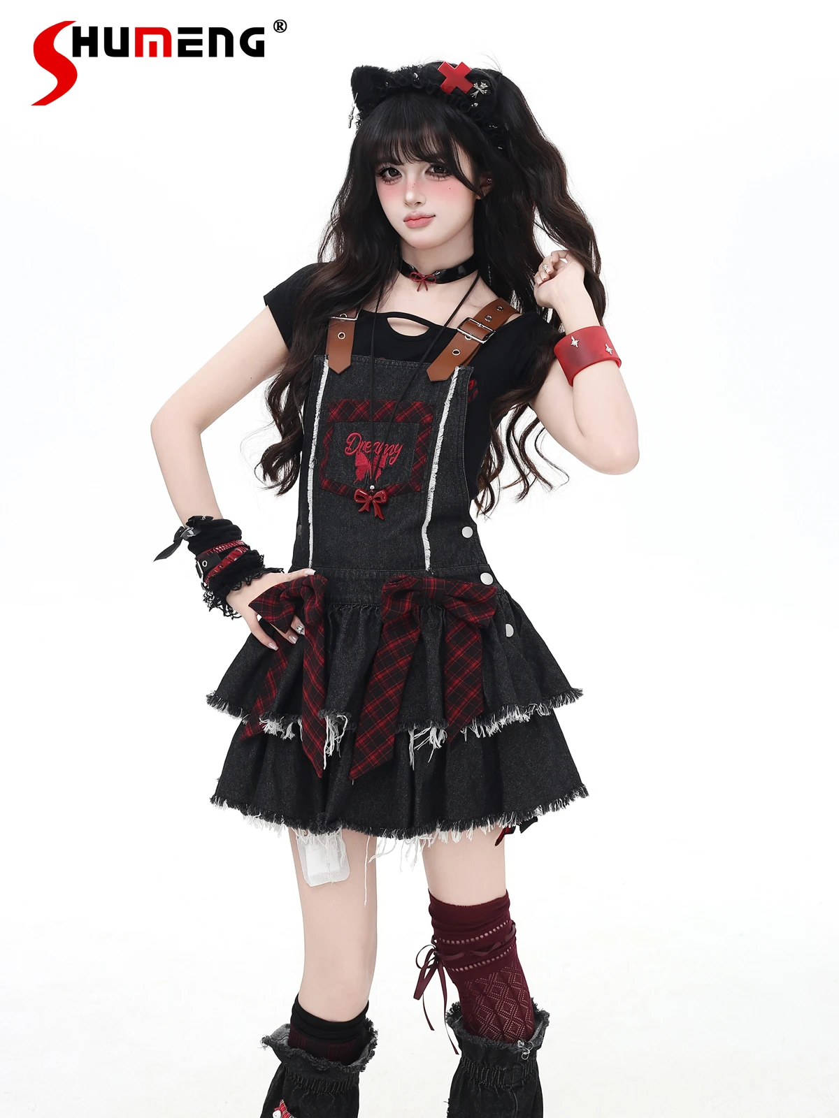 

Original Sweet Cool Hot Girl Suspender Dresses Bow Letter Embroidery PU straps Sweet Versatile High Waist Denim Cake Dress Women