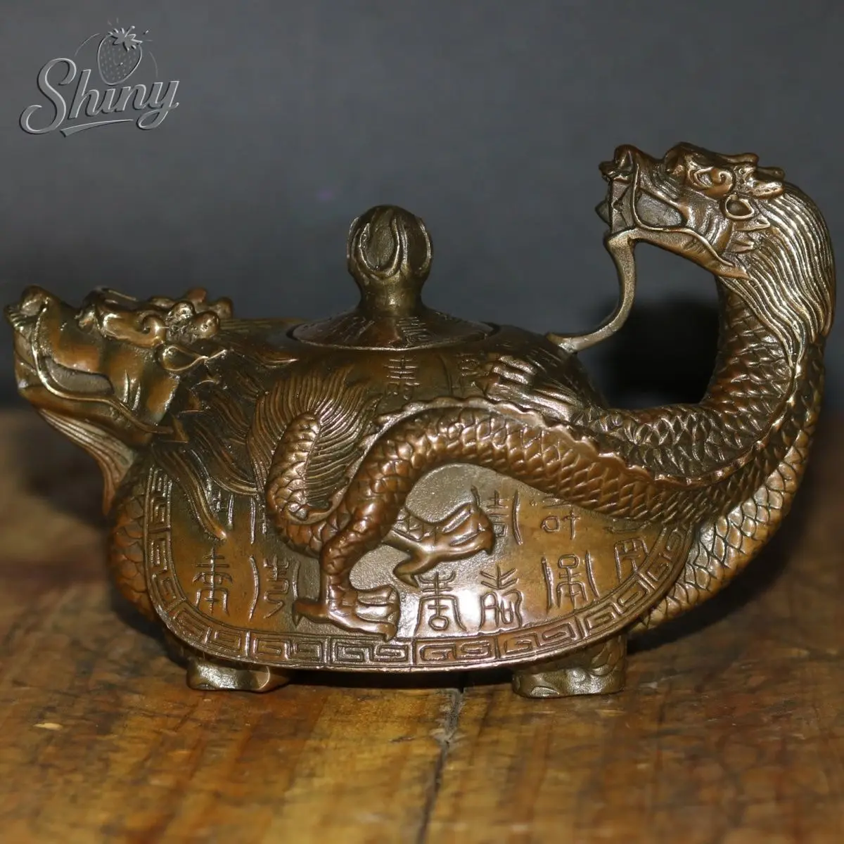 

Антикварный твердый латунный чайник с черепаховым драконом, латунный чайник и горшок для воды, домашний декор, мастерство и дисплей фэн-шуй
