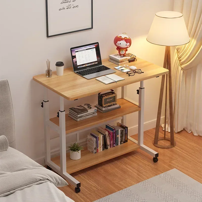 

Movable Lift Bedside Table Double Layer Laptop Table Practical Study Table with USB Fan and Light for Bedroom Dormitory