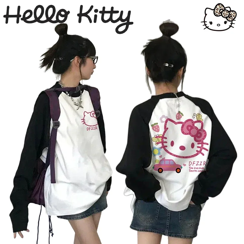 

Hello Kitty Print Women Vintage Tops Fairy Grunge Graphic Spring T Shirts Cotton Aesthetic Clothes Slim Long Sleeve Top Basic