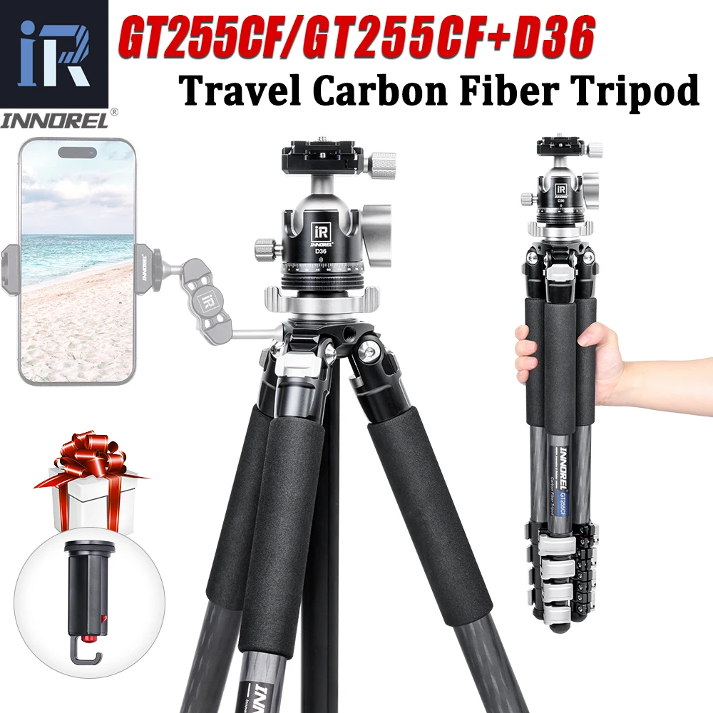 

INNOREL GT255CF Professional 5 Sections Carbon Fiber Tripod for DSLR Camer, with Fast Flip Buckle, Max Load 15kg, 25.6mm MaxTube