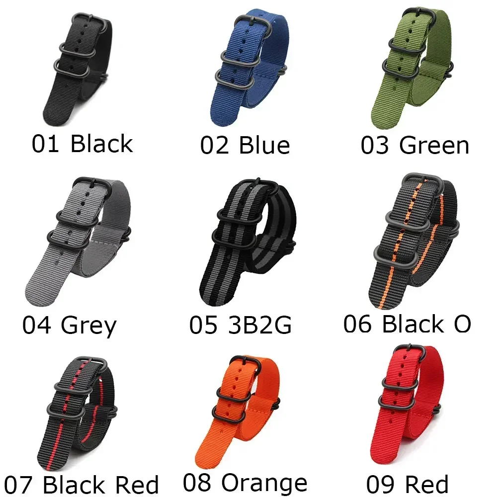 3  Army Sports Wristband for Watch Strap Nylon Cloth Stripe Bracelet with Black Heavy Ring Buckle for 18mm 20mm 22mm 24mm