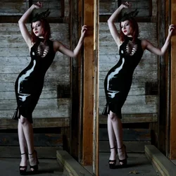 Tight Sexy Faux Leather Vinyl Wetlook Dress Black Sexy Bandage Hollow Out Clubwear Pole Dance Night Party Fishtail Dresses