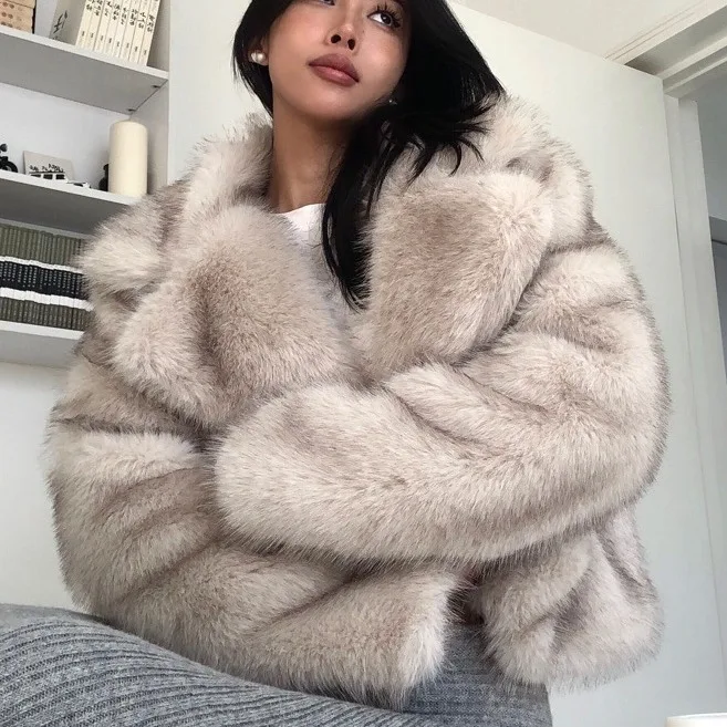 Women Faux Fox Fur Coats Solid Short Jackets Long Sleeves Turn Down Collar Open Stitch Thick Loose Fit Casual 2026 Autumn Winter