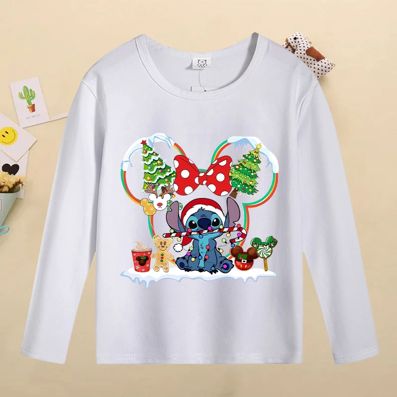 Punto di natale bambini top Kawaii Cartoon stampato magliette ragazzi ragazze Casual T-shirt a maniche lunghe 2024 vestiti autunnali per bambini