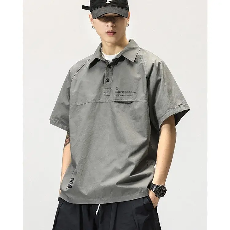 

Summer High-End Loose Slimming Shirt Men's American T-Shirt Trendy Turn-Down Collar Half Sleeve kpop mens clothing funny tshirt