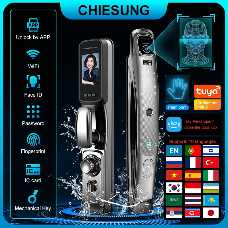 Multi-language 3D Face Door Lock waterproof Alexa compatible camera fingerprint electronic key unlock for safe home security