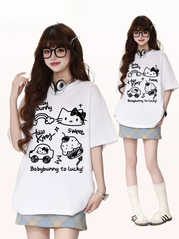 Hello Kitty Cartoon Print Short Sleeve T-Shirt Unisex Couple Half Sleeve Top Kawaii Daily Casual Wear For Fashion Lovers