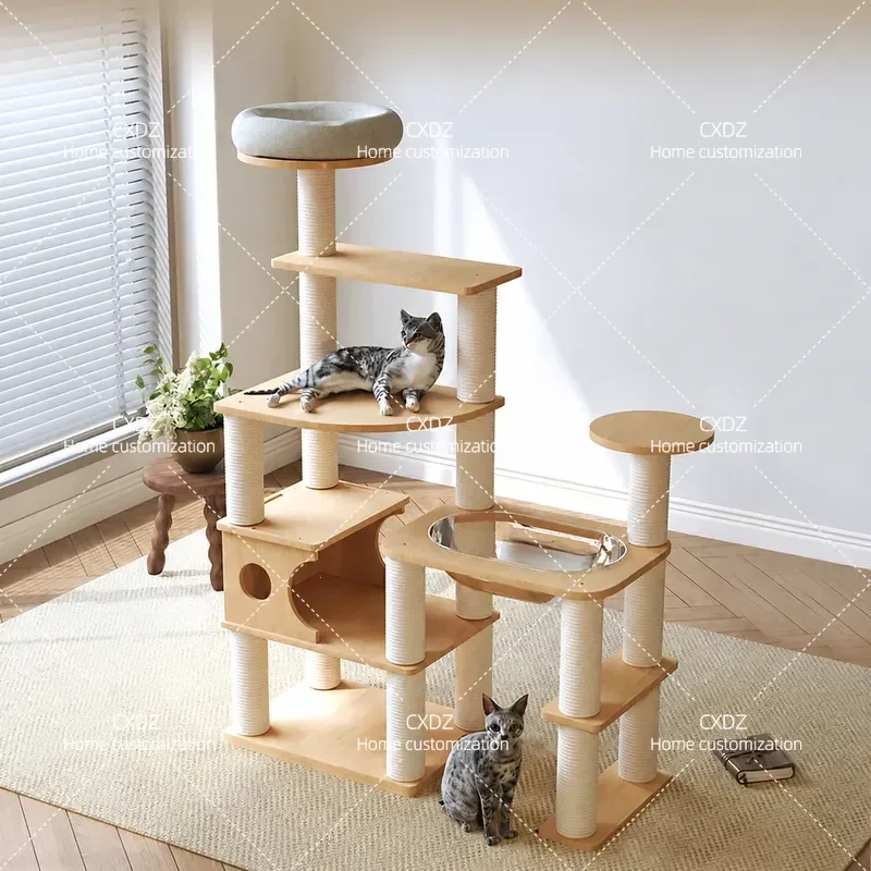 Large All Solid Wood Cat Tree with Nest Integrated Rubber Wood Climbing Frame Household Cat Shelf Tower Furniture