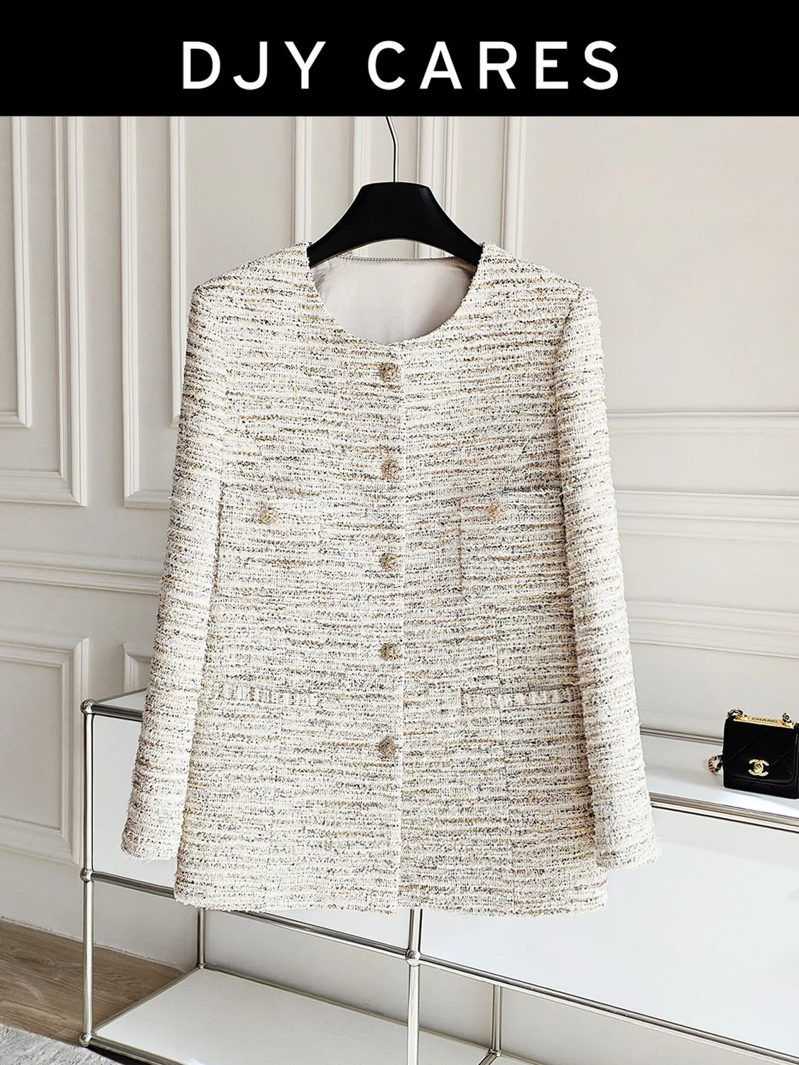 New Mid to long waisted rice gold mixed woven coarse woolen coat top big size