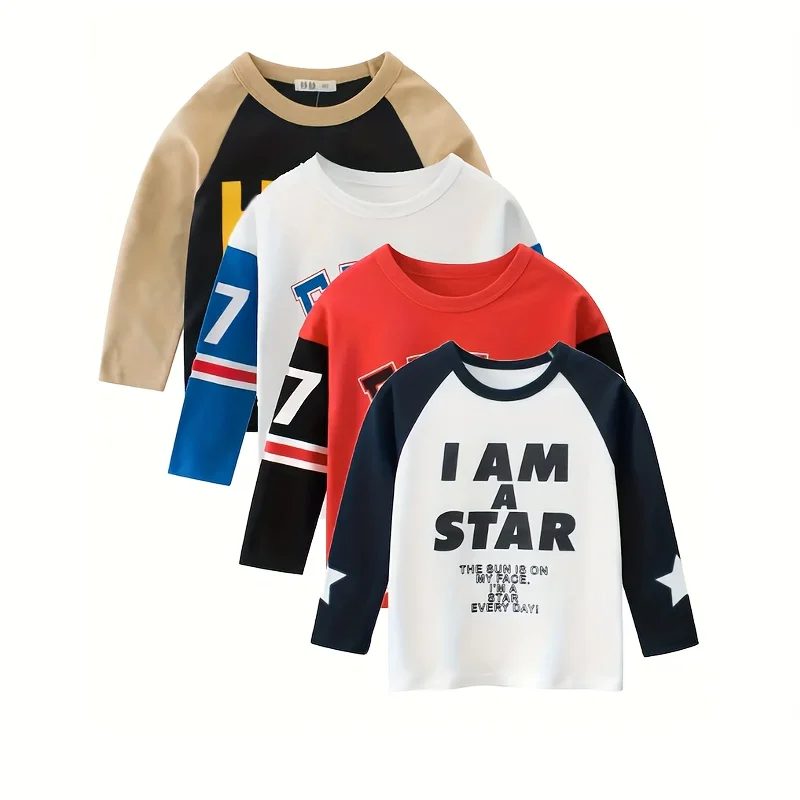 

Хлопковые футболки с длинными рукавами из 4 предметов для мальчиков, повседневные футболки с круглым вырезом и буквенным принтом на весну/осень