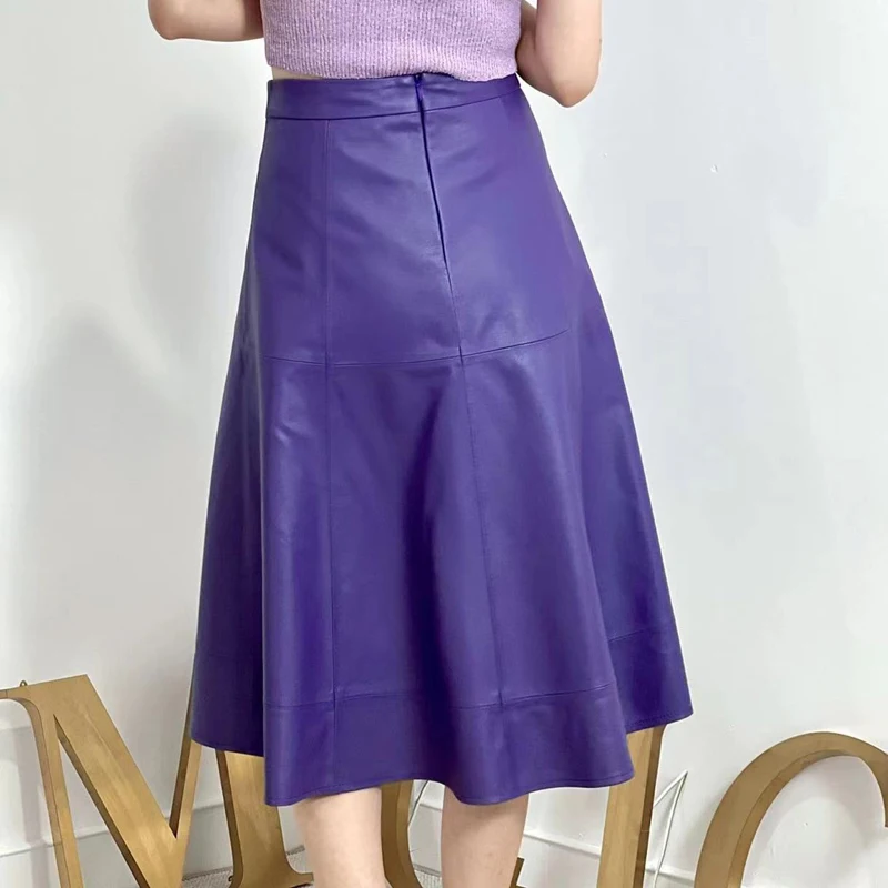 Elegant Purple Skirt For Women Genuine Leather Slim Large Swing Wave Circular Arc  Long Faldas Black Saias Femininas Streetwear